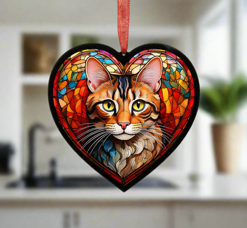 Bengal Cat Stained Glass Effect Heart Suncatcher
